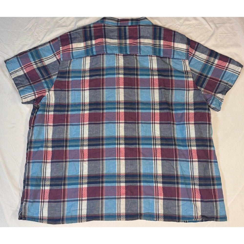 Lucky Brand Mens 3XL Linen Blend Plaid Short Sleeve Button Down Shirt Blue Pink - Picture 2 of 9